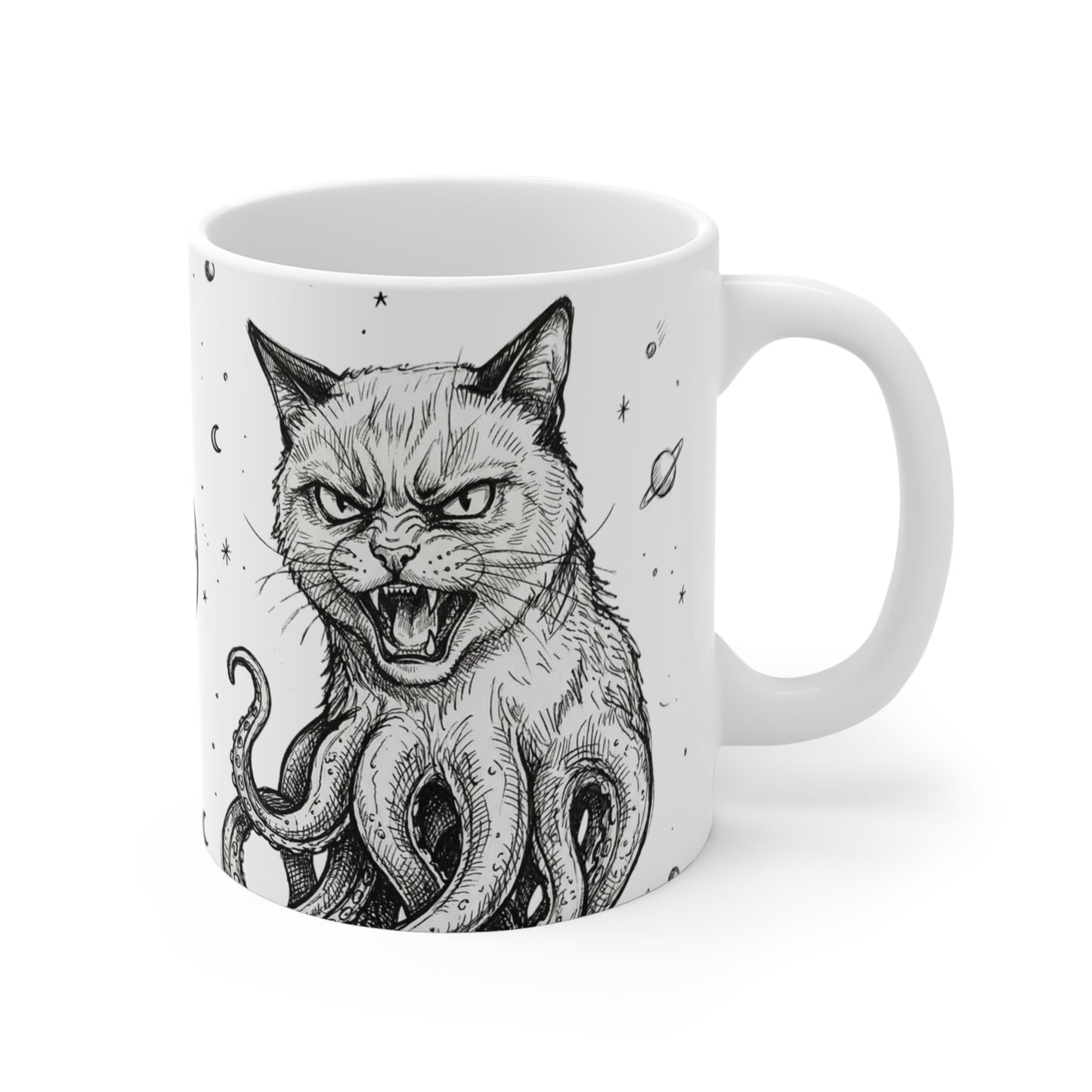 AlienCat In Space! - 11oz Mug Ambi Handle — Octocat Cat Tentacle Coffee Cup (Black & White Gothic Cat Art)