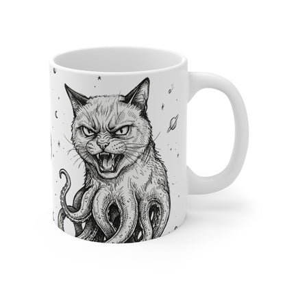 AlienCat In Space! - 11oz Mug Ambi Handle — Octocat Cat Tentacle Coffee Cup (Black & White Gothic Cat Art)
