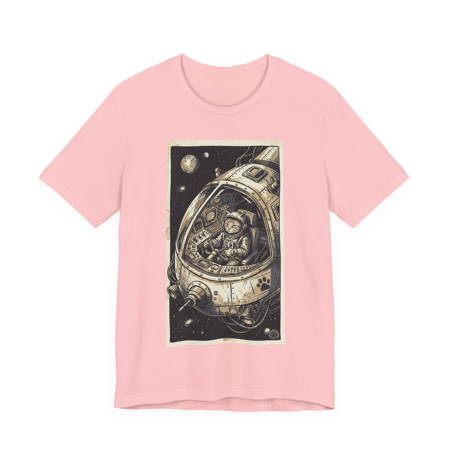 SpaceCat - To The Rescue! - Cat Astronaut in Rocket Capsule Graphic Tee – Vintage Style Space Pilot Illustration