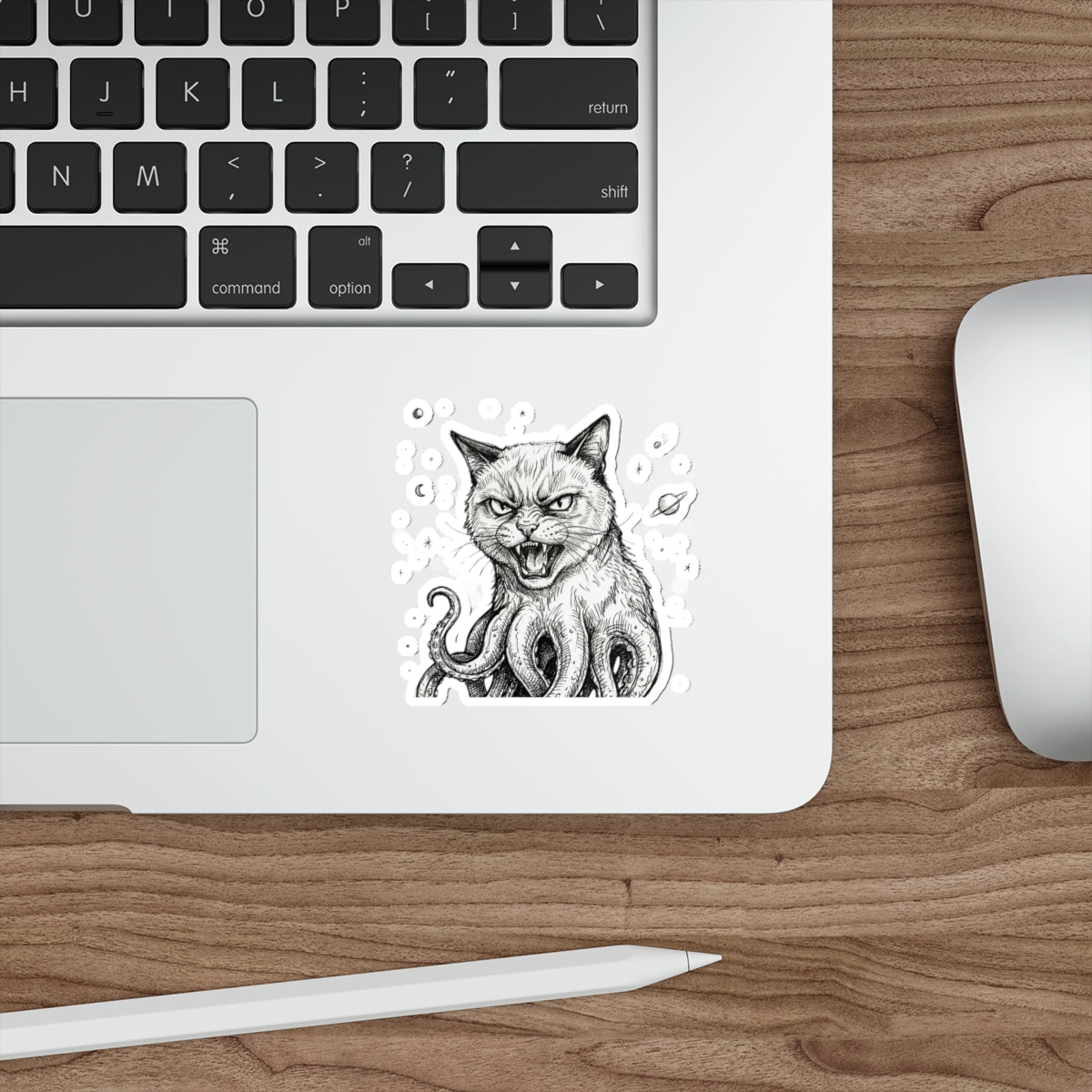 AlienCat In Space! - Mutant Creature Die-Cut Sticker — Black & White Gothic Cat with Octopus Tentacles